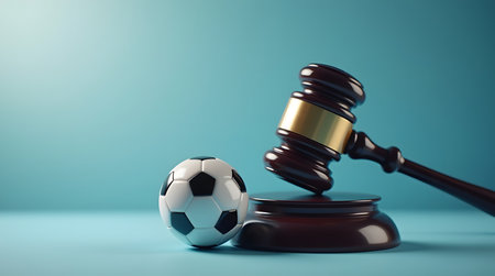 view of Magistrateâs gavel with a football, concept of sports law and justice.selective focusの素材