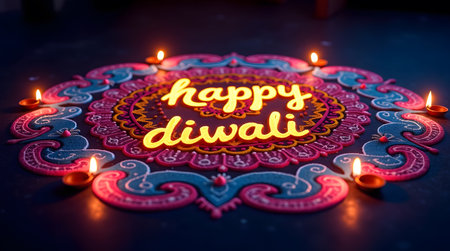 Celebrate Happy Diwali with a vibrant rangoli design and glowing diya lamps adding warmth to the holidayの素材