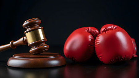 Gavel and boxing gloves depict legal battle, courtroom showdown, or justice fight conceptの素材