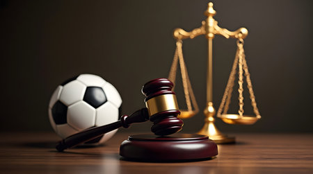Legal eagles battling it out in football sports law cases with gavel and scales of justiceの素材