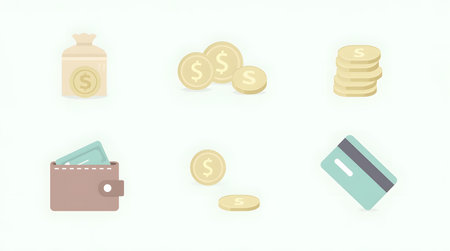 Modern financial icons including money bag coins wallet credit card for business and investment conceptsの素材