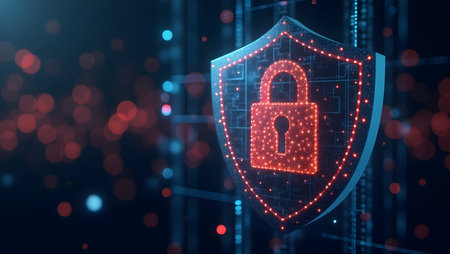 Cybersecurity shield glows with digital protection and data safety.の素材