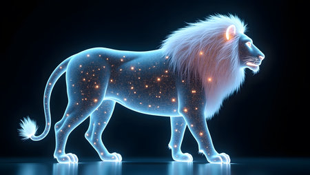 Majestic glowing lion with ethereal mane stands proudly against dark backdrop,の素材