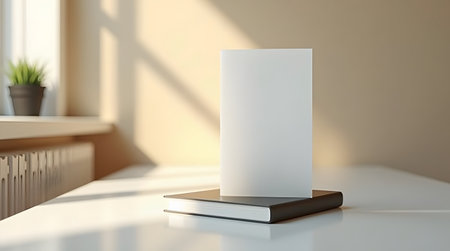 Blank invitation template with book on white table in natural sunlight offers modern elegance and simplicityの素材