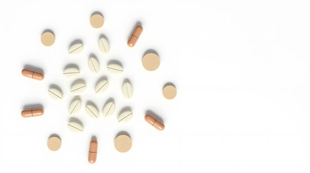 Boost your health with assorted pills and tablets on a clean white background for medical useの素材