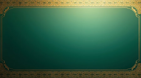 Stunning elegant green and gold frame with intricate details for background or presentationの素材