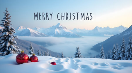 Merry Christmas winter wonderland landscape with snow covered mountains and red ornament decorationsの素材
