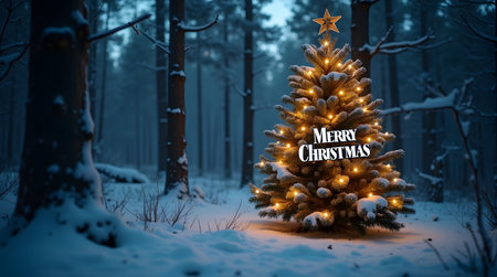 Enchanting Christmas tree sparkling with lights in a snowy winter forest scene bringing holiday cheerの素材
