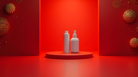 Elegant cosmetic product presentation with gold accents against a vibrant red backdrop for beauty campaignsの素材