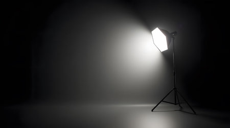 Dramatic studio spotlight illuminates dark background creating professional lighting for product shoots or eventsの素材