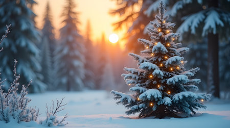 Magical Christmas tree sparkles in the snowy woods at sunset, bringing holiday cheer and winter beautyの素材