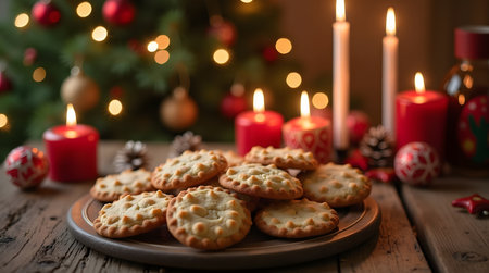 Enjoy freshly baked Christmas cookies by candlelight for celebration at homeの素材