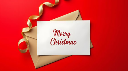 Send stunning Christmas greetings with this elegant card and golden ribbon on vibrant red backdrop this festive seasonの素材