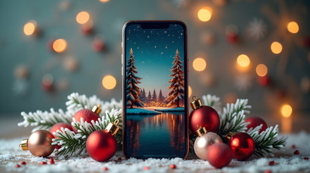 Theme Christmas trees and lake view displayed on cell phone with festive ornaments and lights.の素材