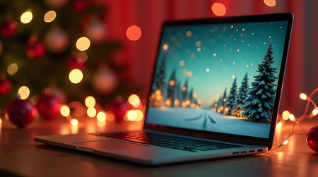 snowy Christmas scene on your laptop for holiday projects and winter marketing or backgroundの素材