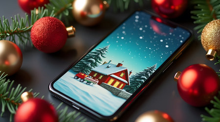 Theme Christmas, showcased on a modern smartphone with snow scene and vibrant ornaments for seasonal campaignsの素材
