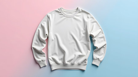 Showcase your designs with this simple white sweatshirt mockup against a vibrant pastel backgroundの素材