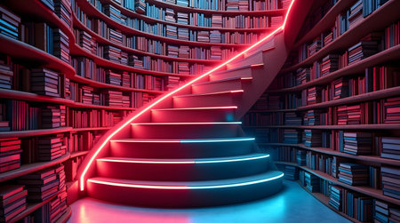 Stunning modern library with vibrant neon staircase for education, knowledge, and creative inspirationの素材