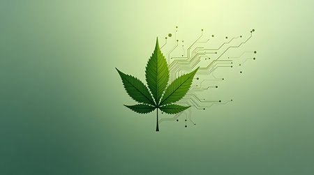 Modern cannabis leaf with digital circuit, symbolizing technology and innovation in the hemp industry,の素材