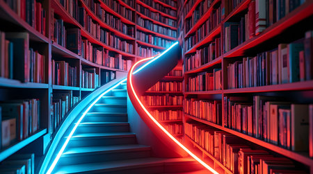 Discover a world of knowledge ascending neon lit stairs in a library for educational resourcesの素材