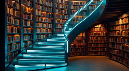 Explore a captivating library with illuminated staircase, perfect for learning, culture, and imaginationの素材