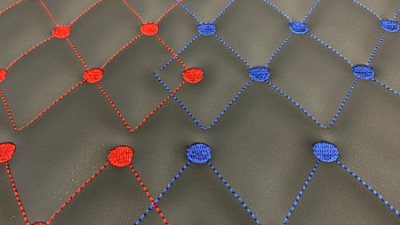 Eye catching geometric patterned leather with red and blue stitching for modern designs and...