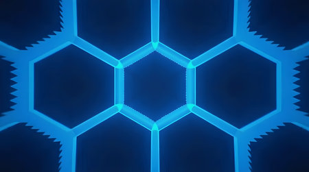Dynamic blue honeycomb structure with neon glow for modern technology and innovative design, concepts backgroundの素材