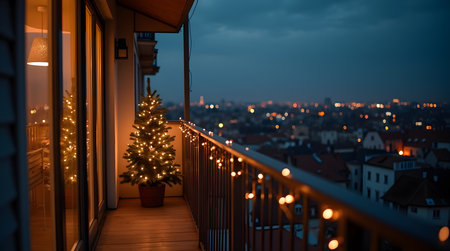 Christmas tree shining on modern apartment balcony overlooking city lights at night.の素材
