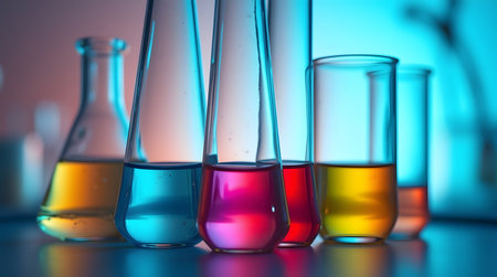 science laboratory flasks filled with colorful liquids glow under dramatic lighting, photo conceptsの素材