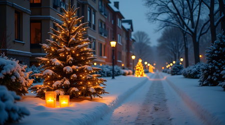 winter evening scene with glowing Christmas trees lining snowy street, purpose for backgroundの素材