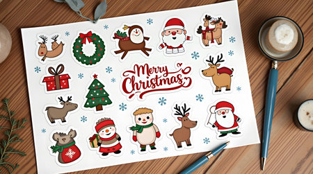 Delightful Christmas sticker sheet with Santa, reindeer, snowmen, gifts, and festive greetingsの素材
