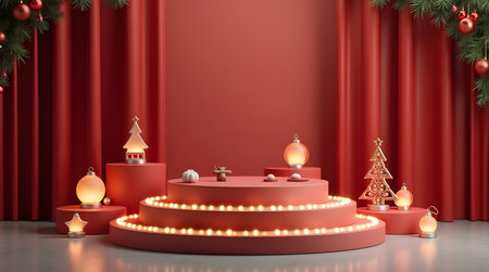 Festive holiday stage with glowing ornaments and Christmas trees.の素材