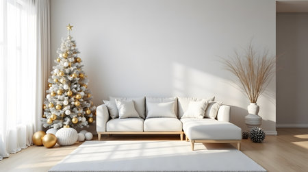 Elegant modern living room styled with a festive Christmas tree and cozy sofaの素材