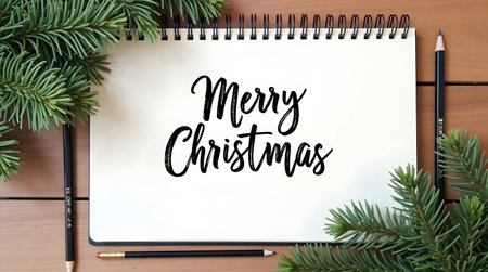 Handwritten Merry Christmas message on notepad surrounded by festive pine branches and pencilsの素材