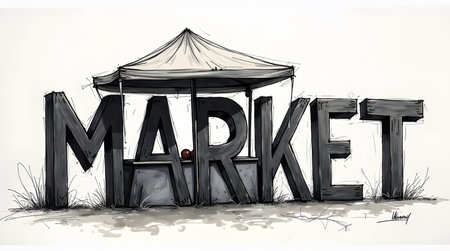 Vibrant market stall illustration with bold lettering for unique business branding usesの素材
