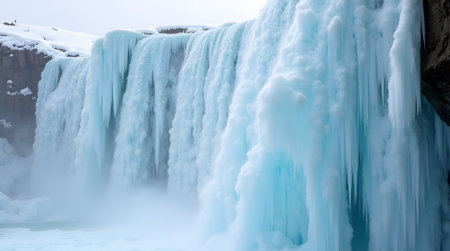 Frozen waterfall cascading down icy cliffs, purpose for backgroundの素材