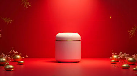 Elevate your brand with luxurious product display in vibrant red and gold.の素材