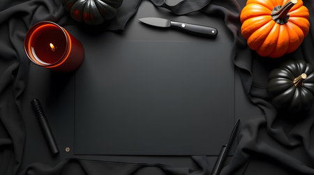 Theme Halloween, Elegant Halloween desk mockup, matte black items.の素材