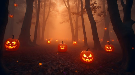Theme Halloween lanterns floating over foggy forest, selective focusの素材