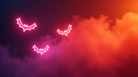 Theme Halloween, Abstract Halloween art, glowing neon bats flying through gradient orange purpleの素材