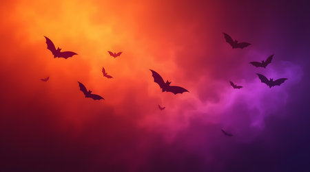 Theme Halloween, Abstract Halloween art, glowing neon bats flying through gradient orange purpleの素材