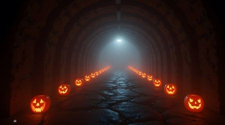 Theme Halloween, Spooky tunnel with jack-o lantern lights, fog particlesの素材