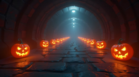 Theme Halloween, Spooky tunnel with jack-o lantern lights, fog particlesの素材