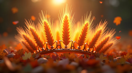 Theme Harvest Festival, A majestic glowing harvest crown made of wheat stalks and colorful autumn foliage.の素材