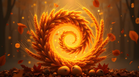 Theme Harvest Festival,  A glowing spiral made of wheat, autumn leaves, and golden acornsの素材