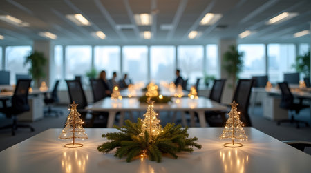 Festive office holiday celebration with glowing Christmas trees and holiday cheer for a warm company gatheringの素材