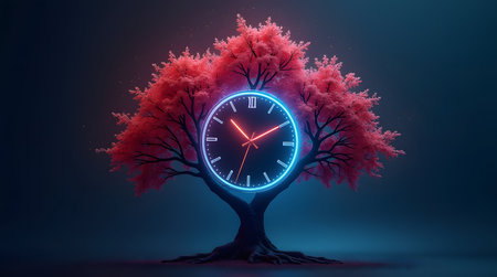 Elegant cherry blossom tree with vibrant clock face on dreamy deep blue background representing timeless beautyの素材