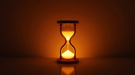 Hourglass flowing with golden light shining brightly symbolizing time management and deadlines approaching soonの素材