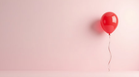 Celebrate with a vibrant red balloon against a pastel pink background for a festive event vibeの素材