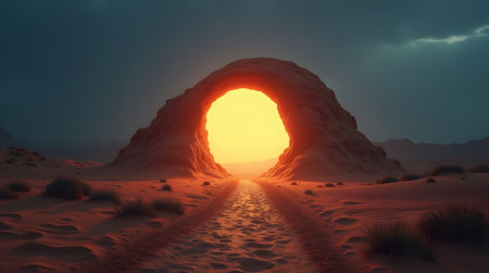 Stunning desert landscape with glowing archway beckoning toward adventure and serene exploration under twilight skiesの素材